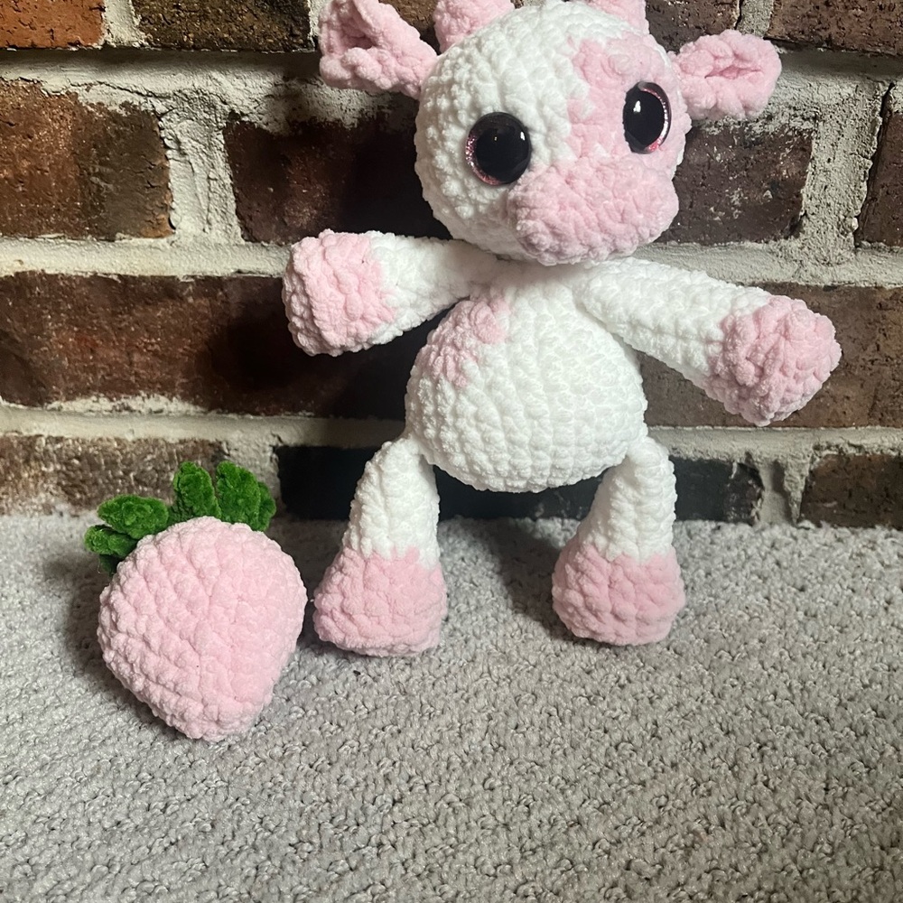 HANDMADE Crocheted Pink and White Stuffed Animal Cow With Strawberry amigurumi